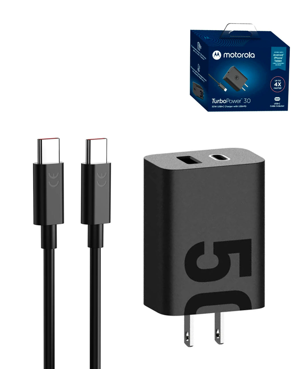 Cargador De Pared Rápido PD USB-C De 30 W | Cable USB Tipo C De 4 Pies | Negro