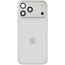 Tapa trasera plateada usada para iPhone 17 Pro Max (A3295) con puerto de carga flex y piezas pequeñas.