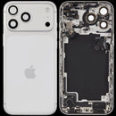 Tapa trasera plateada usada para iPhone 17 Pro Max (A3295) con puerto de carga flex y piezas pequeñas.