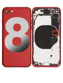 Tapa trasera roja para iPhone 8 (A1863, A1905, A1906) con componentes preinstalados, sin logo, repuesto aftermarket.
