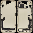 Tapa trasera amarilla iPhone 15 Plus A2847 con puerto de carga y piezas, usada, grado C.