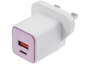 Cargador de pared rosa AmpSentrix 30W, doble puerto USB-C y USB-A, enchufe UK, para carga rápida de 220V.