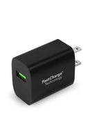 Cargador de pared SlowBack negro de 18W con cable USB a Type-C de 6 pies para carga rápida de celulares.