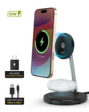 Estación de carga inalámbrica PowerPeak 2 en 1 de 15W, color negro, para cargar teléfono y auriculares.