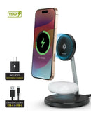 Estación inalámbrica MagCharge 2 en 1 PowerPeak, carga rápida 15W, para iPhone y AirPods, diseño elegante negro.