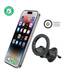 Soporte magnético PowerPeak para auto, negro, con montaje giratorio, ideal para salpicadero o parabrisas.