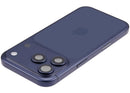 Tapa trasera azul profundo usada para iPhone 17 Pro A3256 con puerto de carga y pequeñas piezas.