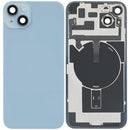 Tapa trasera azul iPhone 14 Plus con MagSafe y NFC inalámbrico, lista para reparación.