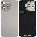 Reparación de tapa trasera de iPhone 15 Pro Max con placa de acero en Guatemala.