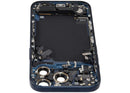 Tapa trasera usada iPhone 17 Pro US Deep Blue con puerto de carga y piezas pequeñas para reparación.