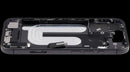 Mid-frame housing negro para iPhone 17 con puerto de carga flex, chasis y piezas pequeñas.