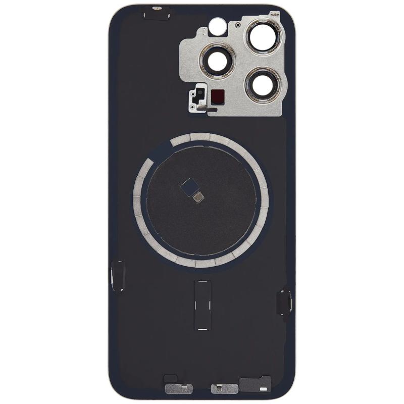 Encuentra la tapa trasera de iPhone 15 Pro Max en Guatemala con placa de acero con imán MagSafe preinstalado y sin logo, color titanio natural.