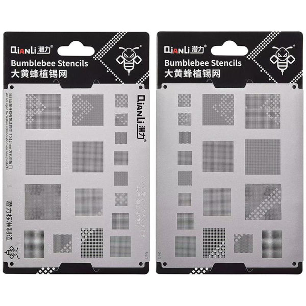 Plantilla Bumblebee (QS540) multiuso universal para reballing BGA disponible en Guatemala para reparaciones de dispositivos, garantizando la calidad con etiquetas como Plantilla 0.3, Plantilla BGA y Qianli.