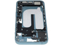 Chasis mid-frame verde azulado usado para iPhone 16 Plus (A3082) con puerto de carga flex y small parts.