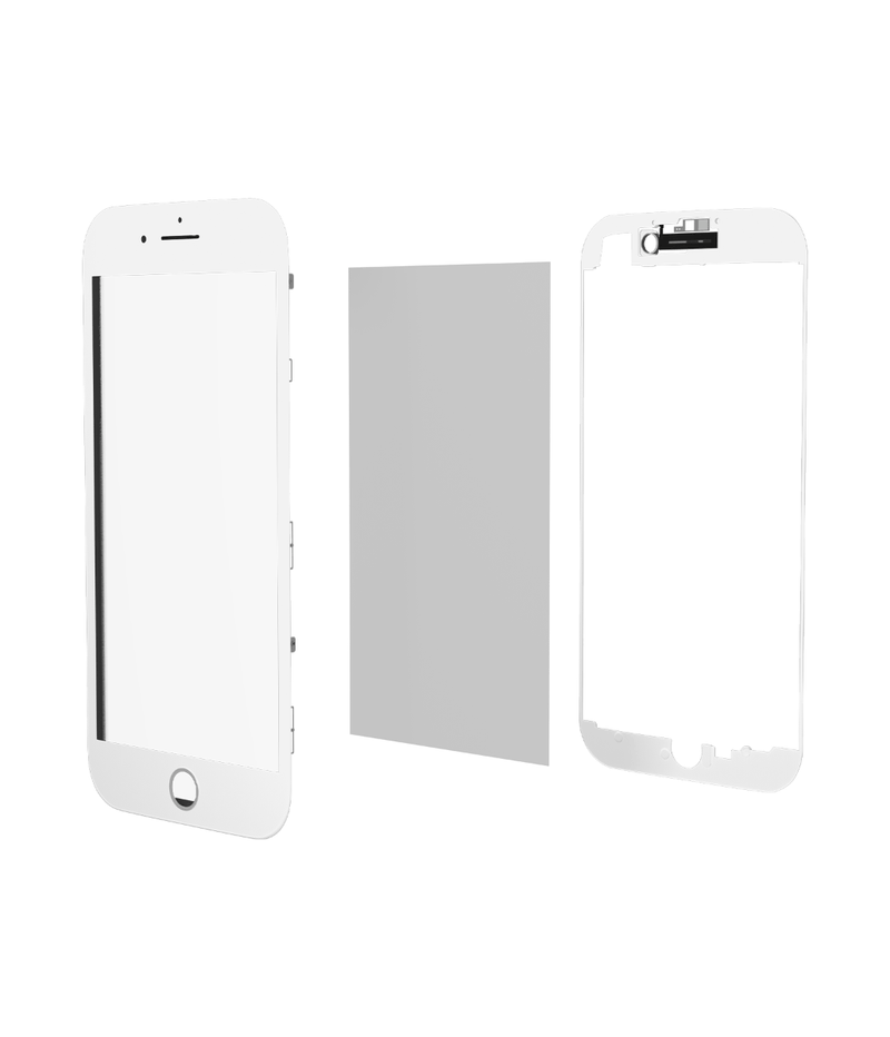 Reparación de vidrio frontal 3 en 1 para iPhone 8 con OCA preinstalado en Guatemala.