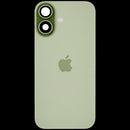 Tapa trasera de repuesto para iPhone 17 Sage, vidrio verde con orificio de cámara y logo Apple.