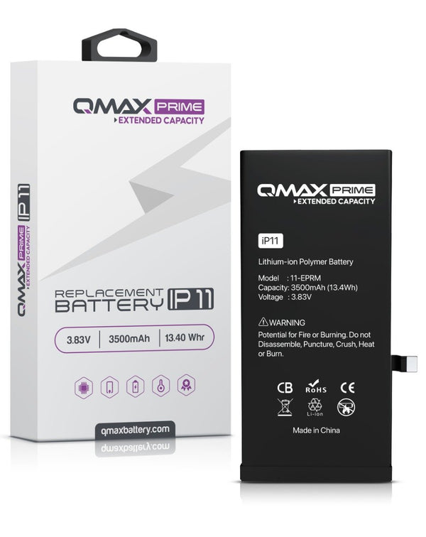 Batería QMAX Prime de 3500 mAh para iPhone 11 en Guatemala, ideal para reparaciones en talleres especializados.