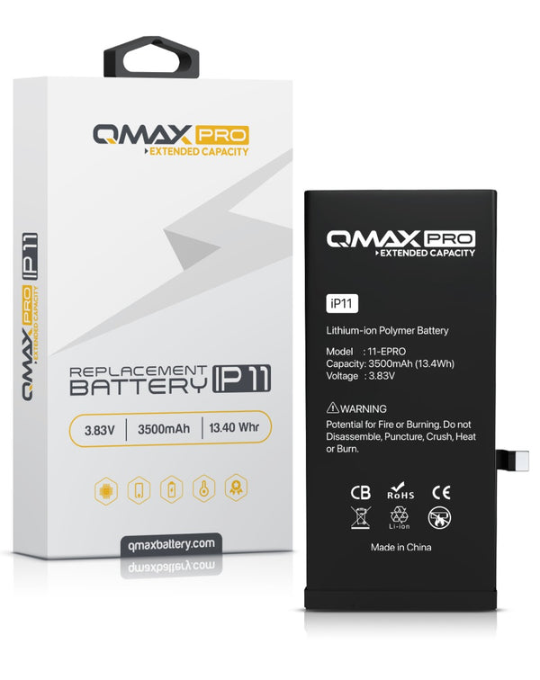 Batería QMAX Pro con capacidad extendida para iPhone 11, ideal para reparaciones de batería en Guatemala.