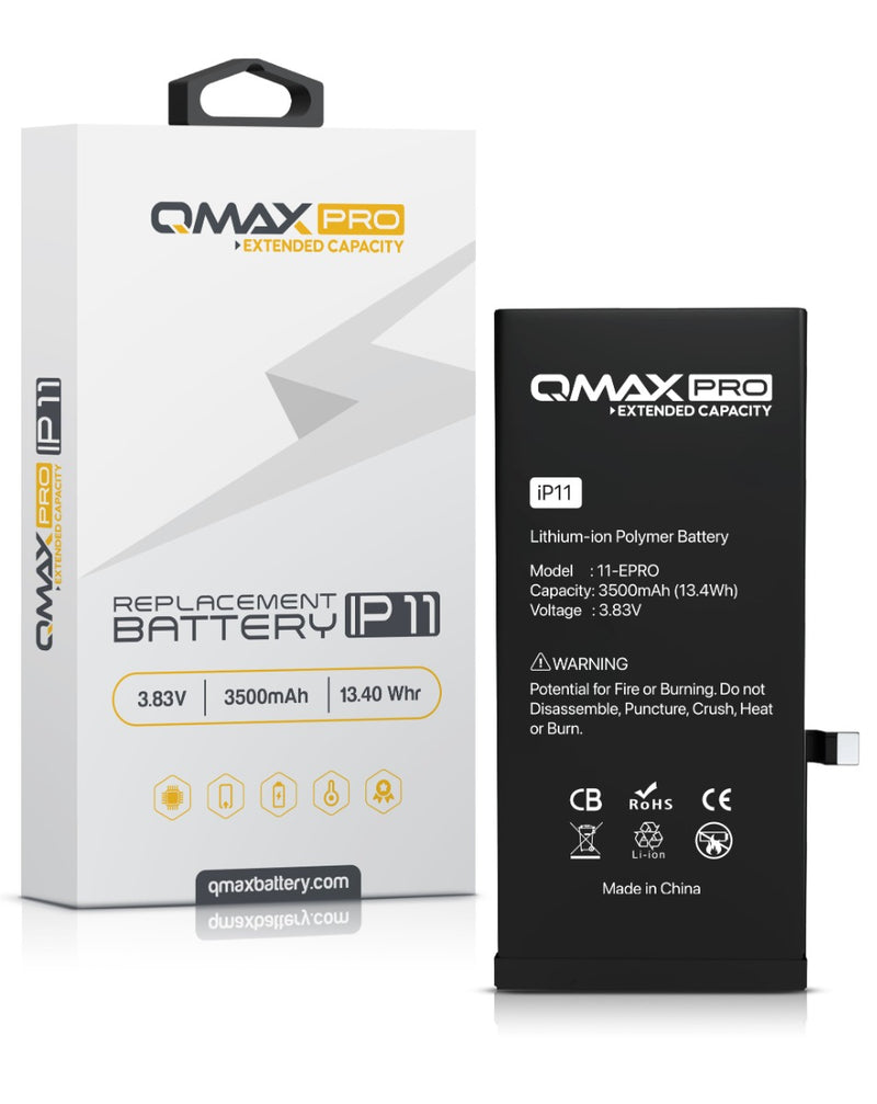 Batería QMAX Pro con capacidad extendida para iPhone 11, ideal para reparaciones de batería en Guatemala.