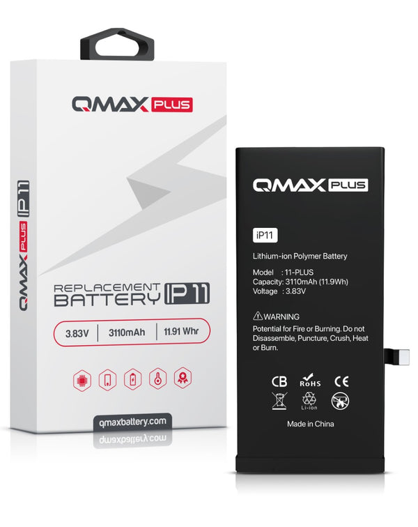Encuentra baterías QMAX Plus de 3110 mAH para iPhone 11 en Guatemala, la mejor opción para reparaciones y reemplazos.