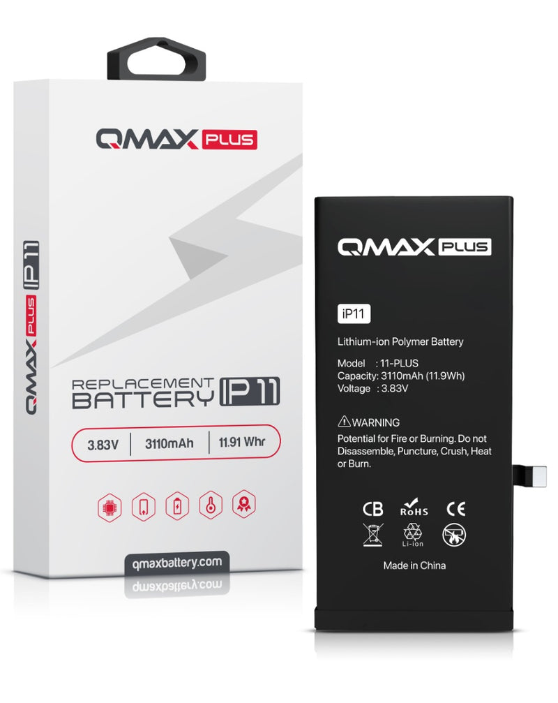 Encuentra baterías QMAX Plus de 3110 mAH para iPhone 11 en Guatemala, la mejor opción para reparaciones y reemplazos.