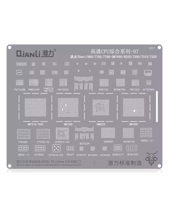 Stencil Bumblebee para reparación de CPU Qualcomm en Guatemala, disponible en Qianli con etiquetas Qualcomm 6225, Qualcomm 680, Qualcomm 7315, Qualcomm 7325, Qualcomm 7350, Qualcomm 775G, Qualcomm 778G, Qualcomm 7Gen1, Qualcomm Snapdragon, SM7450 y QS507.