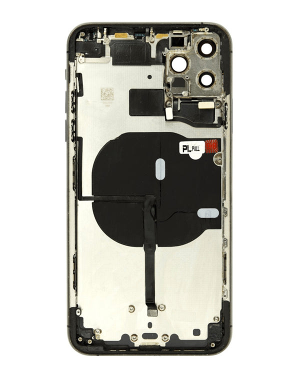Marco de carcasa trasera con componentes pequeños preinstalados para iPhone 11 Pro Max en Guatemala, ideal para reparaciones en talleres especializados.