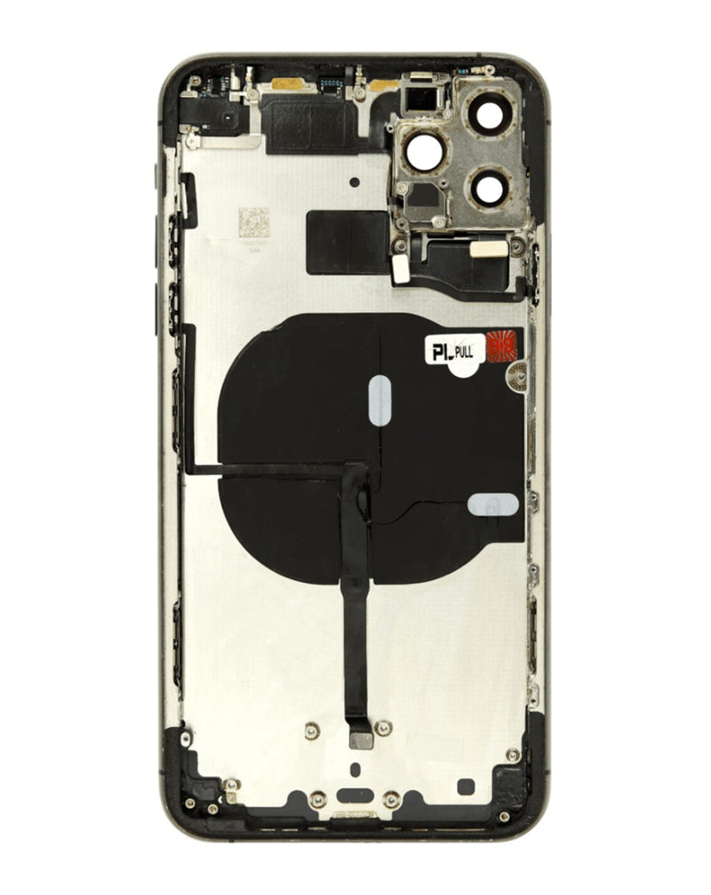 Marco de carcasa trasera con componentes pequeños preinstalados para iPhone 11 Pro Max en Guatemala, ideal para reparaciones en talleres especializados.