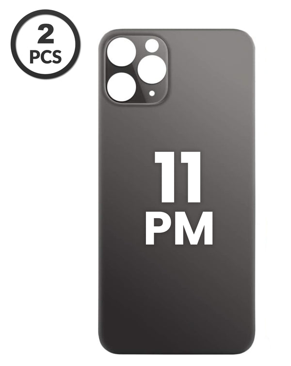 Paquete de 2 tapas traseras color gris espacial con agujero ampliado para cámara de iPhone 11 Pro Max disponible en Guatemala para reparación en talleres especializados.
