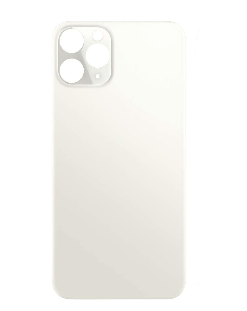 Tapa trasera plateada para iPhone 11 Pro Max con orificio mayor para cámara disponible en Guatemala.
