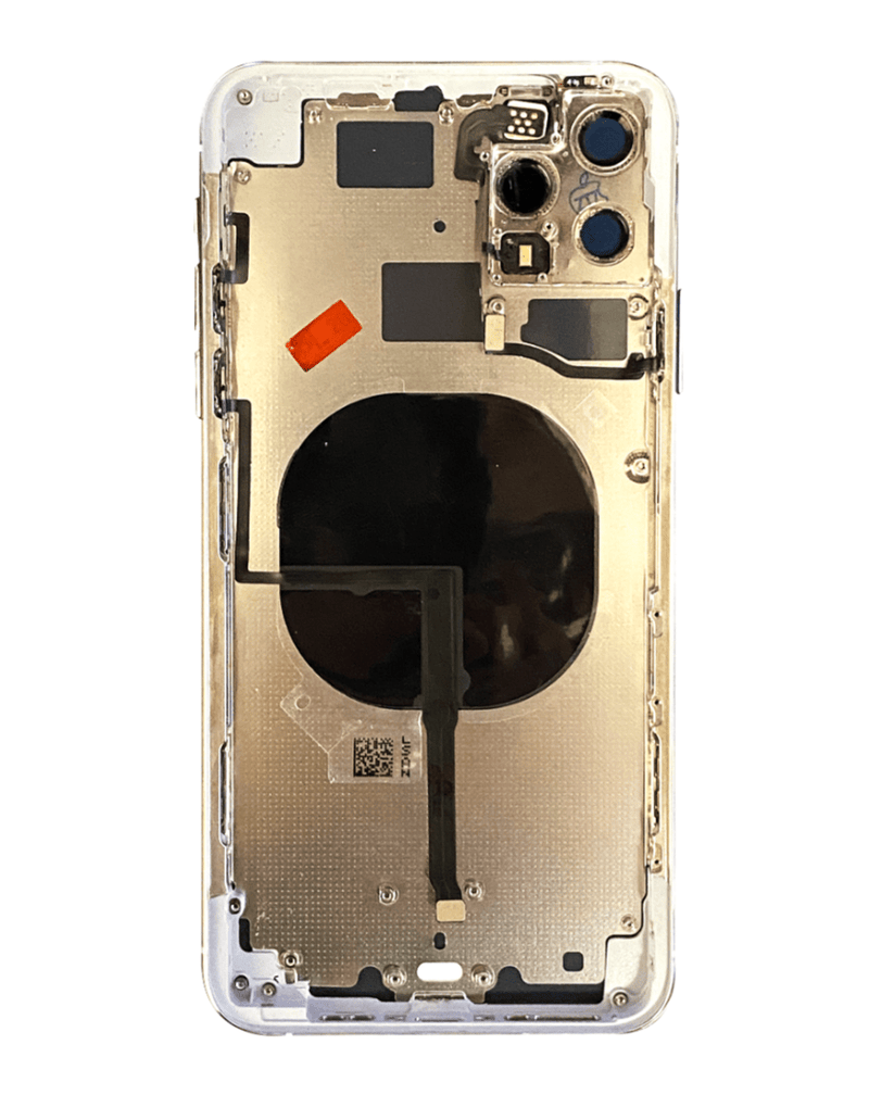 Tapa trasera plateada para iPhone 11 Pro Max con componentes pequeños preinstalados a precios de mayorista en Guatemala.