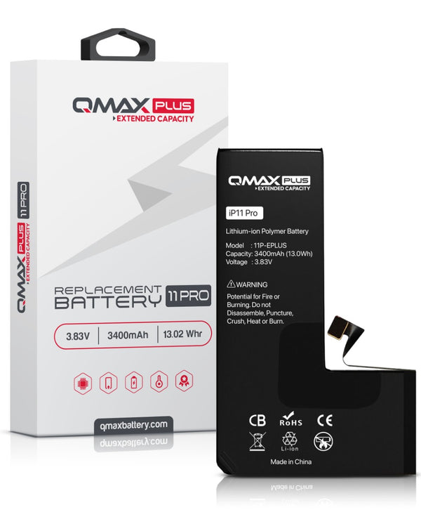 Batería QMAX Plus para iPhone 11 Pro con capacidad extendida de 3400 mAH en Guatemala, compra al mayorista autorizado para reparaciones y garantía.