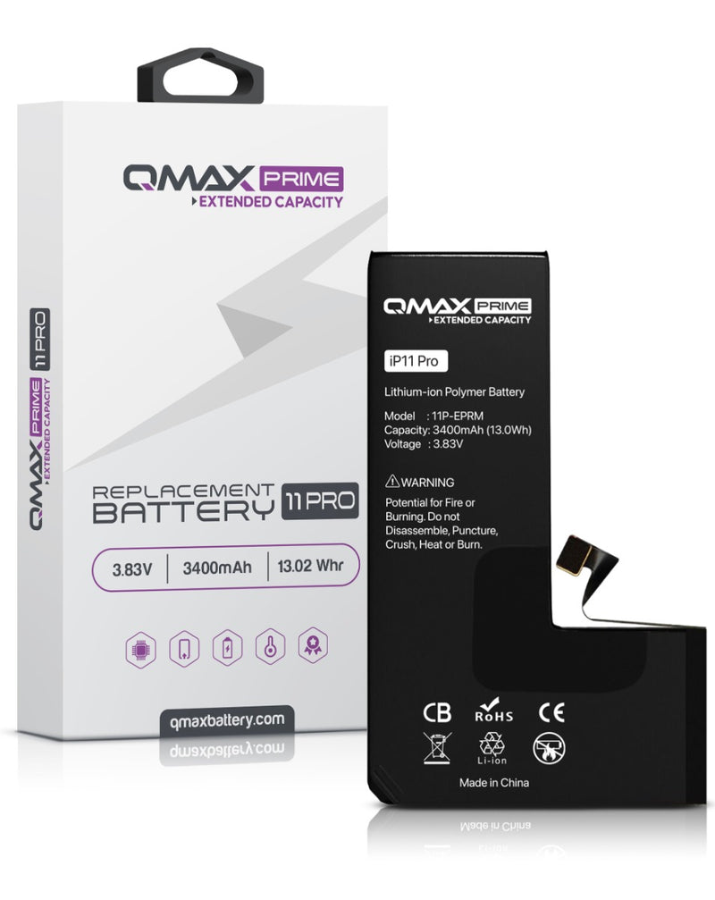 Bateria QMAX Prime Extended Capacity iPhone 11 Pro (3400 mAH) ideal para mayoristas y talleres de reparación de baterías en Guatemala.