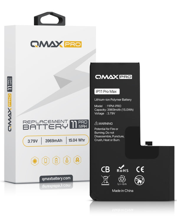 Reparación de batería para iPhone 11 Pro Max en Guatemala, con batería QMAX Pro de 3969 mAH.