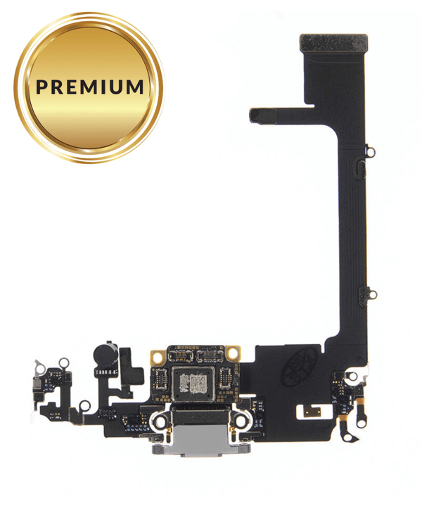 Encuentra el flex cable del puerto de carga para iPhone 11 Pro en Guatemala, ideal para reparaciones y disponible en color plateado.