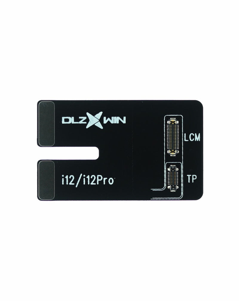 Tester DLZ S800 para flex cables de iPhone 12 Pro disponible en Guatemala para reparaciones con etiquetas BajoPPLCD y alta calidad.