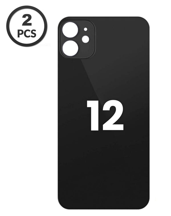 Encuentra tapas traseras con orificio de cámara más grande para iPhone 12 en Guatemala, en packs de 2, disponibles en color negro.