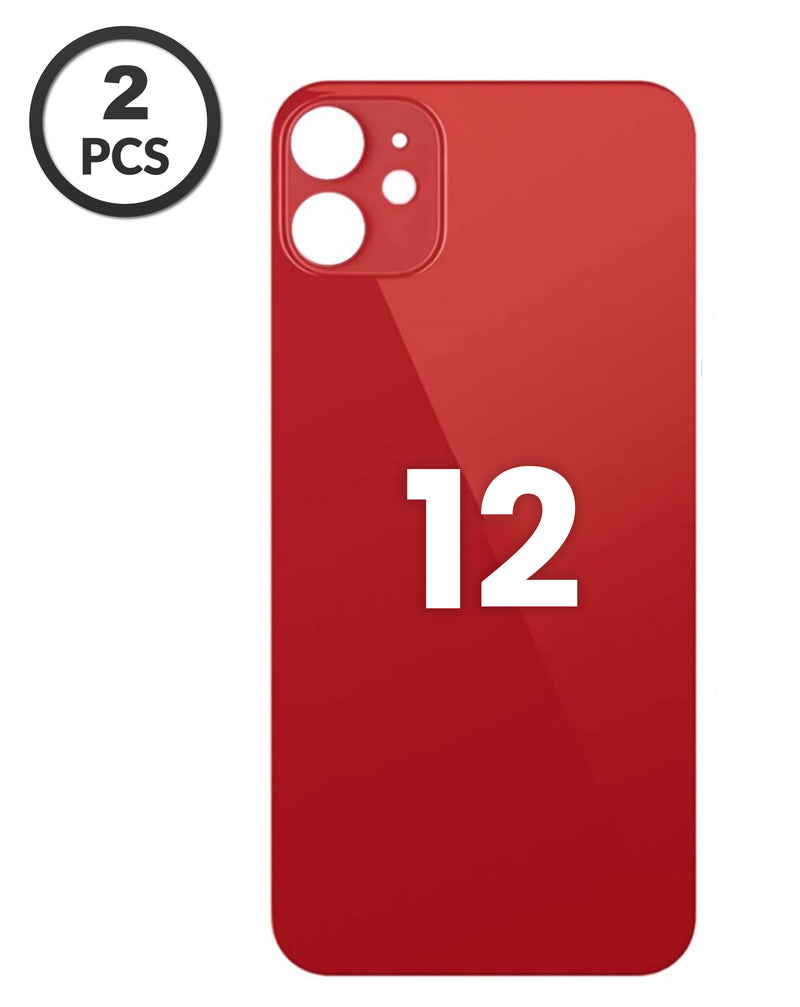 Tapa trasera roja para iPhone 12 con agujero de cámara más grande disponible en Guatemala para reparaciones.
