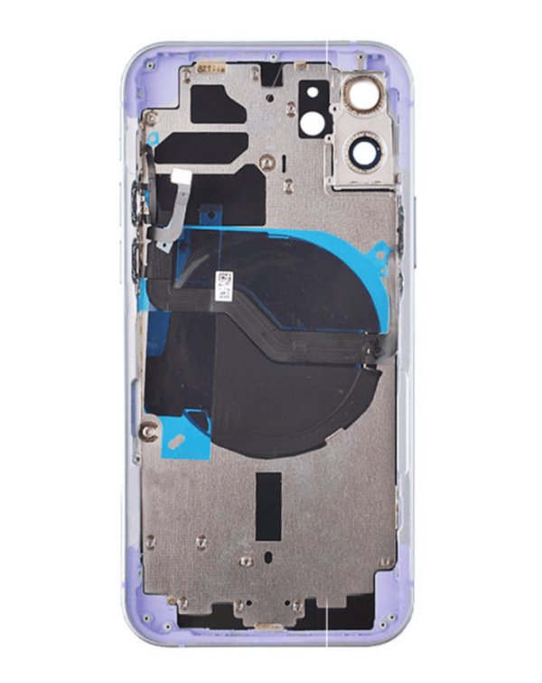 Tapa trasera iPhone 12 con componentes pequeños preinstalados en color morado disponible en Guatemala.