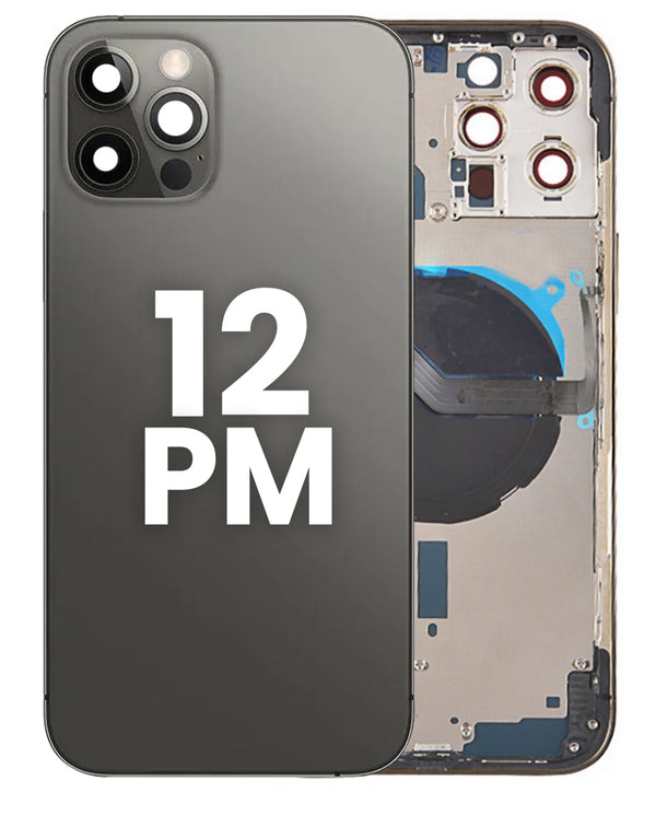 Encuentra tapas traseras preinstaladas con componentes pequeños para iPhone 12 Pro Max en Guatemala, ideal para reparaciones en talleres especializados.