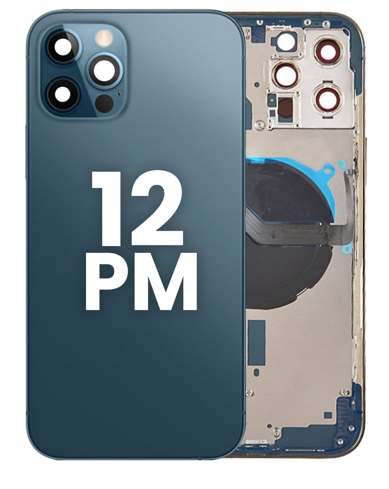 Tapa trasera con componentes preinstalados para iPhone 12 Pro Max en Guatemala, ideal para reparaciones rápidas y sencillas.