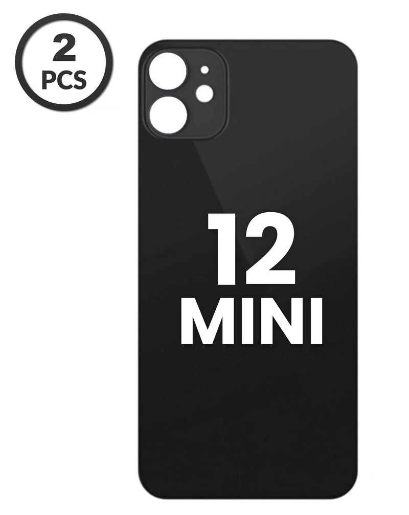 Tapa trasera de repuesto para iPhone 12 Mini en Guatemala, pack de 2 unidades en color negro y con orificio ampliado para la cámara.