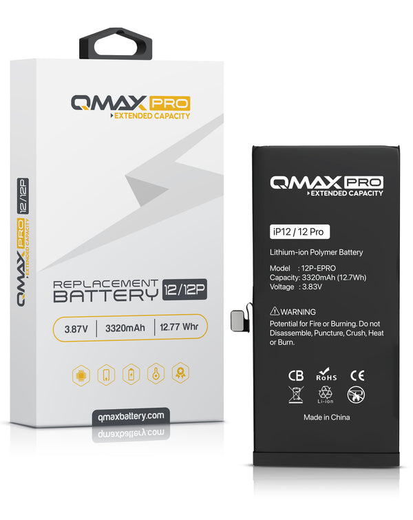 Batería QMAX Pro Extended Capacity para iPhone 12 / 12 Pro con 3320 mAH en Guatemala, disponible en talleres de reparación de baterías.