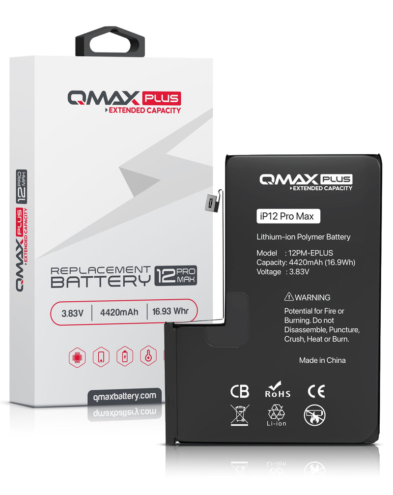 Encuentra la batería QMAX Plus iPhone 12 Pro Max de 4420 mAH en Guatemala para reparaciones en talleres especializados en partes Apple.