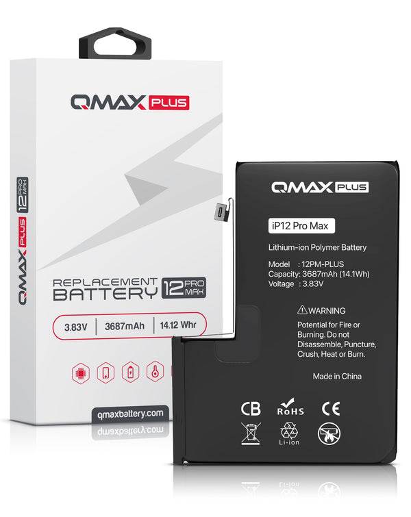 Batería QMAX Plus de 3687 mAh para iPhone 12 Pro Max disponible en Guatemala para reparaciones y componentes iPhone.