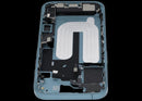 Marco medio de iPhone 16 usado, color teal, con puerto de carga. Ideal para reparación de chasis o pantalla rota.
