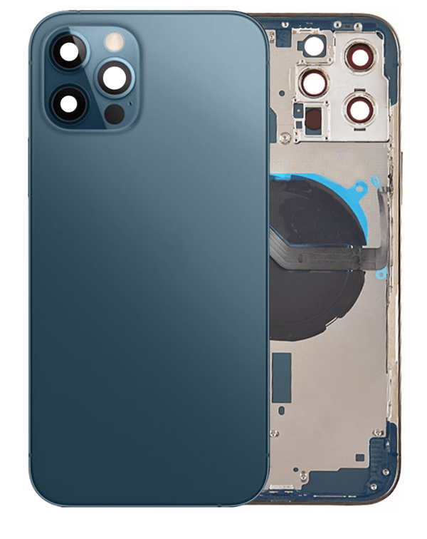 Encuentra la carcasa trasera con componentes preinstalados para iPhone 12 Pro Max en Guatemala con color PACIFIC BLUE en nuestro taller de reparaciones.