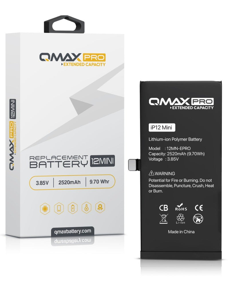 Reparación de batería QMAX Pro iPhone 12 Mini en Guatemala, con capacidad extendida de 2520 mAH.