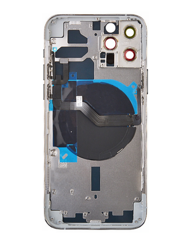 Marco trasero plateado con componentes preinstalados para iPhone 12 Pro en Guatemala, ideal para reparaciones en talleres mayoristas.