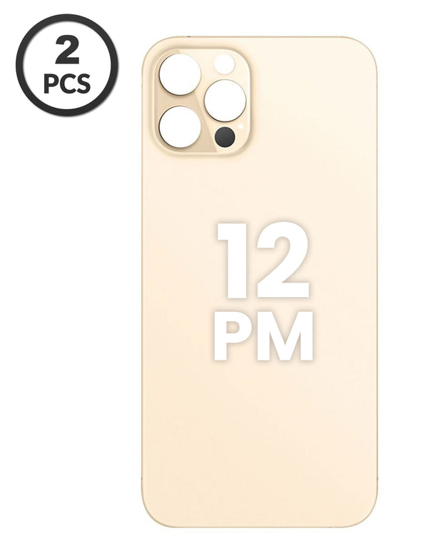 Compra en Guatemala tapas traseras con agujero de cámara más grande para iPhone 12 Pro Max, pack de 2 unidades, color oro, sin logo.